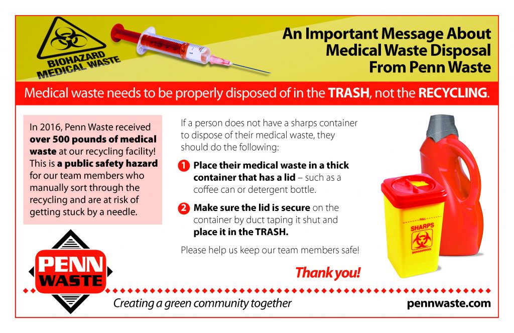 Picture of hazard container and needle with text describing about hazardous waste should be placed in the trash, not recycling