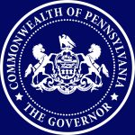 Dark blue background with a white circle. White text, "Commonwealth of Pennsylvania the Governor"