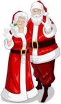 Picture of Mrs. Claus and Santa Claus wearing their traditional red and white coats with black belts.