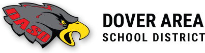 left side, picture of a gray Eagle head with red text along its neck, "DASD". Right side, black text, "Dover Area School District"