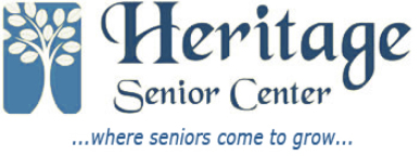 white background with dark blue text, "Heritage Senior Center ...where seniors come to grow..." picture to the left of text, blue background with a white tree in the foreground.