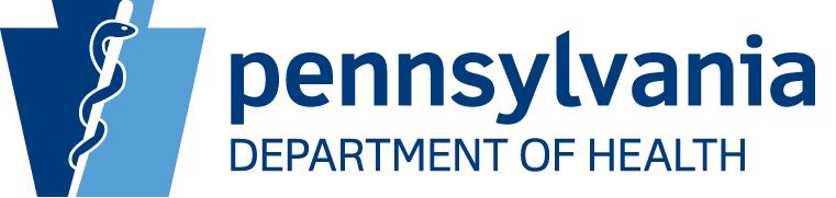 Blue keystone with blue text, "pennsylvania department of health"