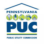 white background with blue text, "Pennsylvania PUC Public Utility Commission" There is a green and black horizontal line in between "PUC" and "Public Utility Commission" Above the "PUC" text, there are five green circles spaced evenly with each containing a different picture of a utility. Light, Gas, Phone, Water and Roads