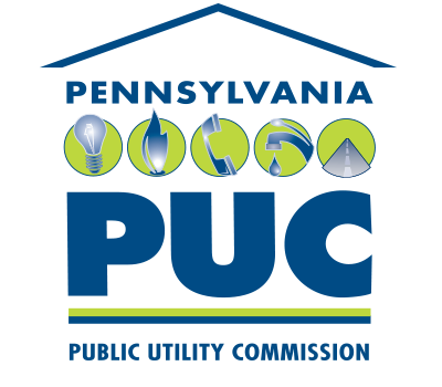 white background with blue text, "Pennsylvania PUC Public Utility Commission" There is a green and black horizontal line in between "PUC" and "Public Utility Commission" Above the "PUC" text, there are five green circles spaced evenly with each containing a different picture of a utility. Light, Gas, Phone, Water and Roads