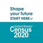 top half of the image has a white background with blue text, "Shape your future start here." Bottom half of image has a blue background with white text, "United States Census 2020"