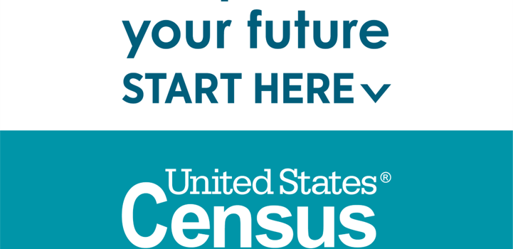 top half of the image has a white background with blue text, "Shape your future start here." Bottom half of image has a blue background with white text, "United States Census 2020"
