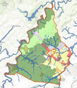 birdseye view of the entrie Township with the Zoning Districts shaded with various colors. Click this image to be redirected to the full-size, interactive Zoning map for Dover Township.
