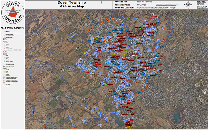 Map of Dover Township's Municipal Storm Sewer System. Includes inlets, pipes, manholes, BMPs and other stormwater assets.