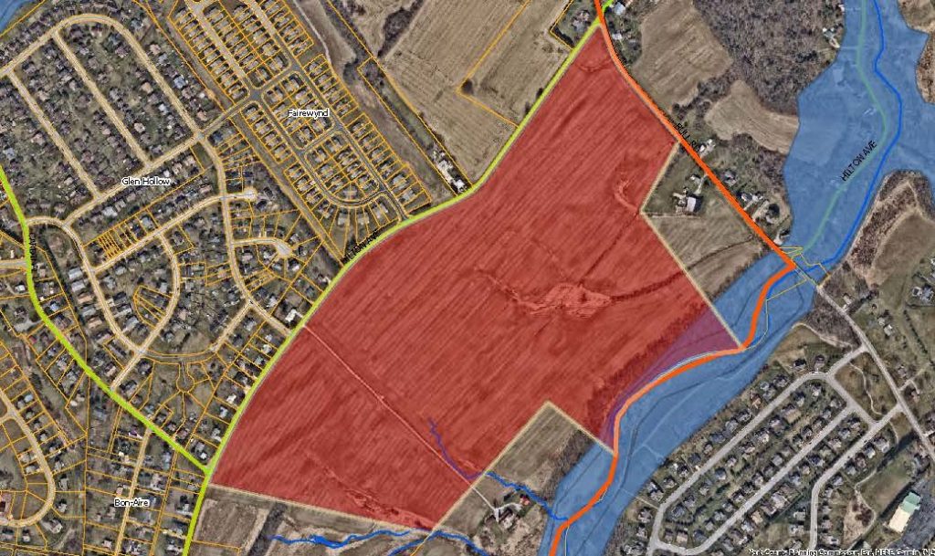 aerial map with the Hilton Ave and Bull Rd Priority Parcel colored in red. Click to the map picture to be redirected to the Dover Township interactive zoning map.