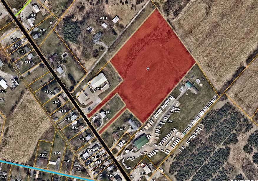 aerial map with the land behind 4911 Carlisle Rd Priority Parcel colored in red. Click to the map picture to be redirected to the Dover Township interactive zoning map.