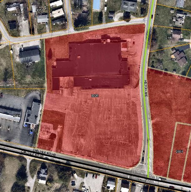 aerial map with 3025 Carlisle Rd Priority Parcel colored in red. Click to the map picture to be redirected to the Dover Township interactive zoning map.