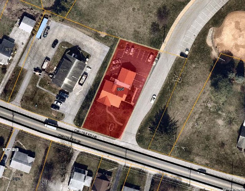 aerial map with 3201 Carlisle Rd Priority Parcel colored in red. Click to the map picture to be redirected to the Dover Township interactive zoning map.