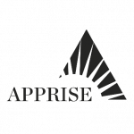 Black triangle in the background with black text in the foreground, "APPRISE"