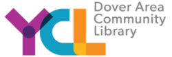 A Capital, Purple "Y", capital, teal "C", capital, orange "L", gray text, "Dover Area Community Library"