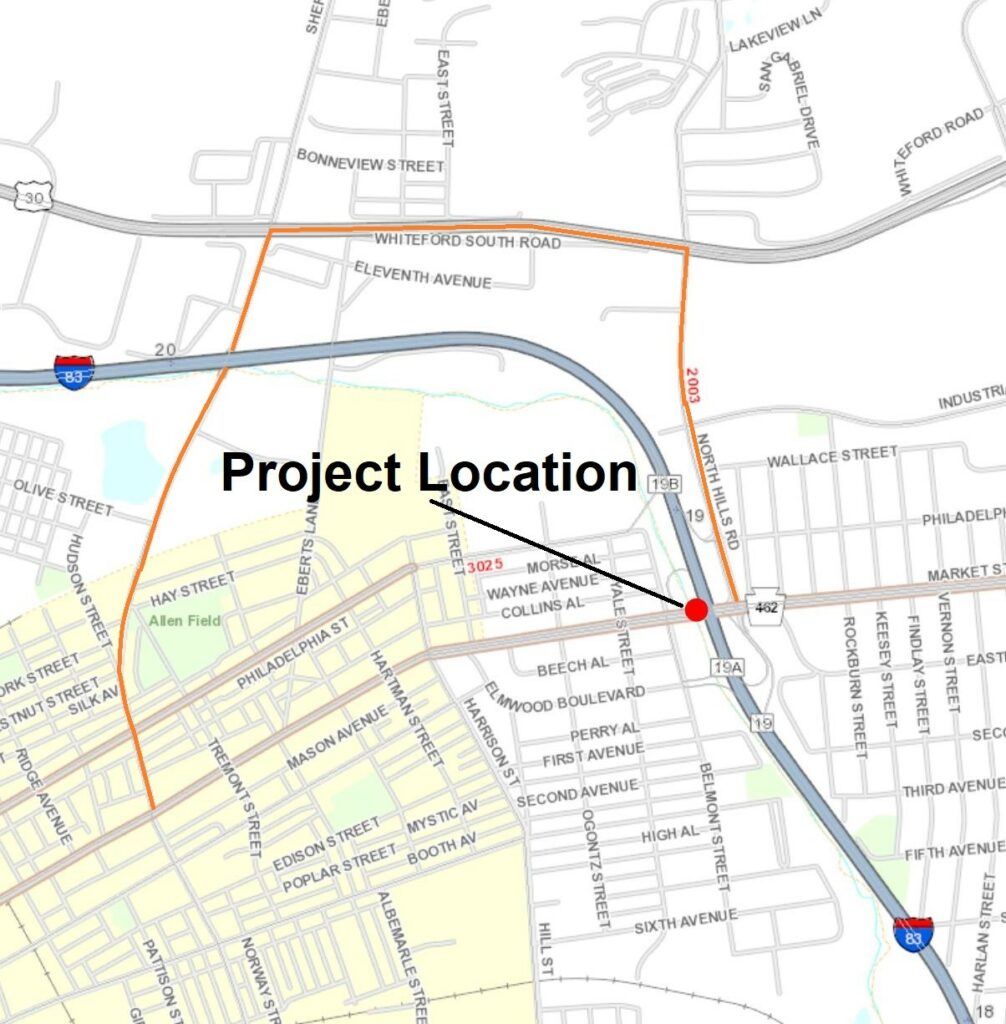 topographic map showing the project location with a red dot. Map provided by PennDOT.