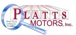 Blue magnifying glass in background with red text in the foreground, "Platts Motors, Inc"