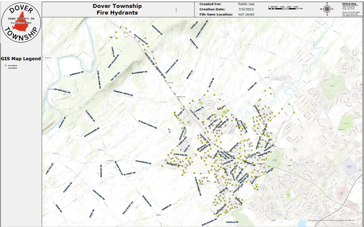 Topographic map showing yellow dots representing fire hydrant locations within Dover Township